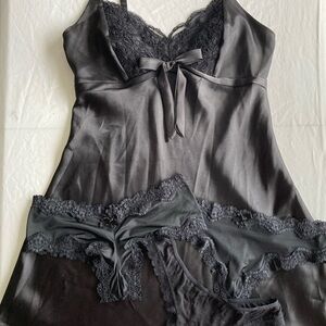 JNY Satin and Lace Chemise in Black S, VS panties in Black XS